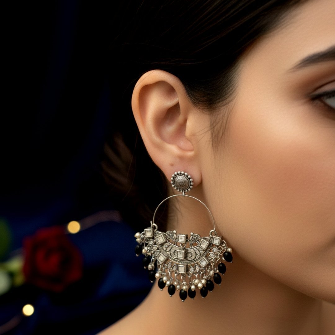 Regal Crescent Oxidized Chandbali Jhumkas - Image 4