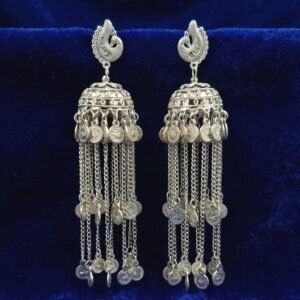 Antique Silver Peacock Jhumka Earrings with Long Chain Tassels