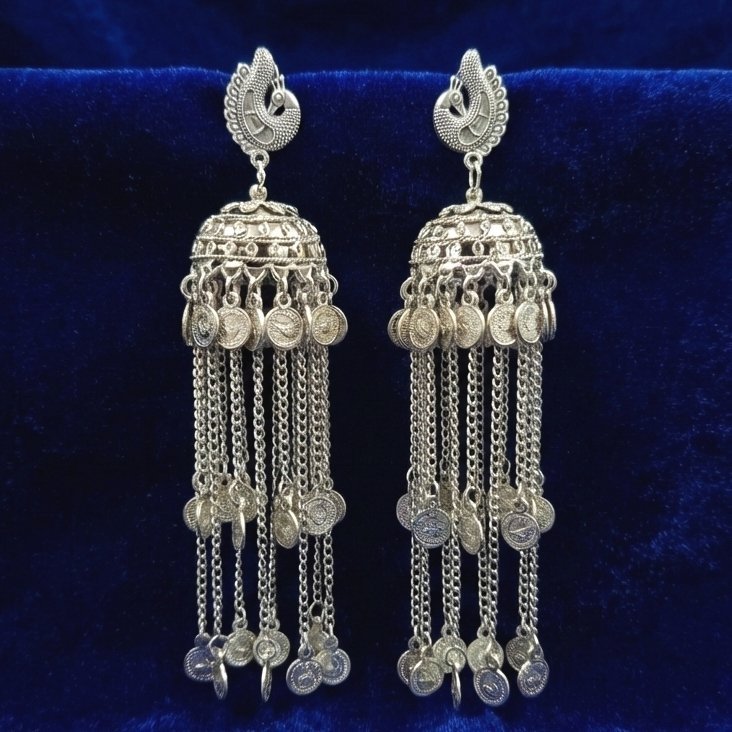 Antique Silver Peacock Jhumka Earrings with Long Chain Tassels