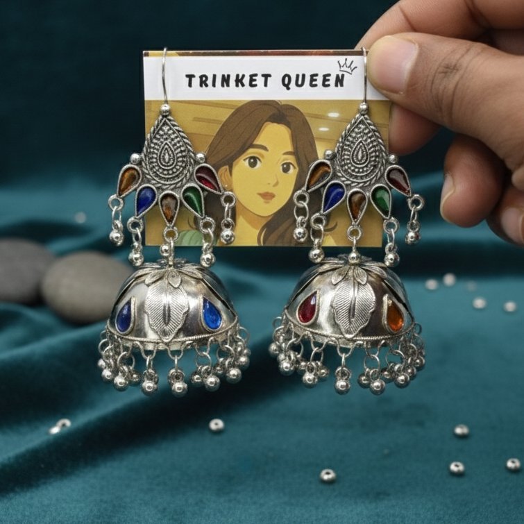 Vibrant Multi-Color Oxidized Silver Jhumka Earrings - Image 2