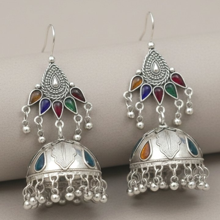 Vibrant Multi-Color Oxidized Silver Jhumka Earrings - Image 4
