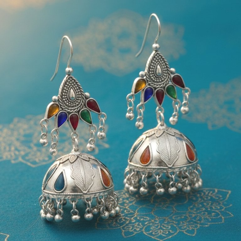 Vibrant Multi-Color Oxidized Silver Jhumka Earrings - Image 3