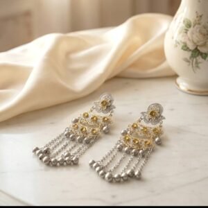 Two Tone Floral Chandelier Earrings with Pearl Tassels