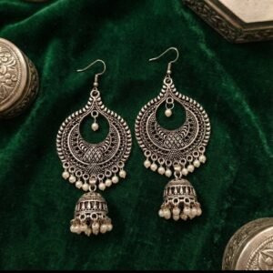 Elegant Oxidised Silver Filigree Jhumka Earrings with Pearl Accents