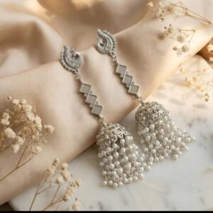 Exquisite Oxidized Silver Peacock Jhumka Earrings with Mirror Accents & Pearl Tassels