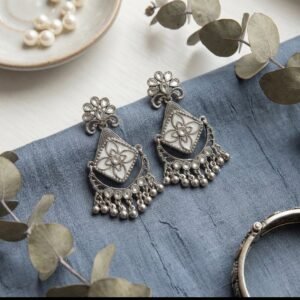 Bohemian Oxidized  Geometric Drop Earrings with White Floral Enamel & Bead Dangles