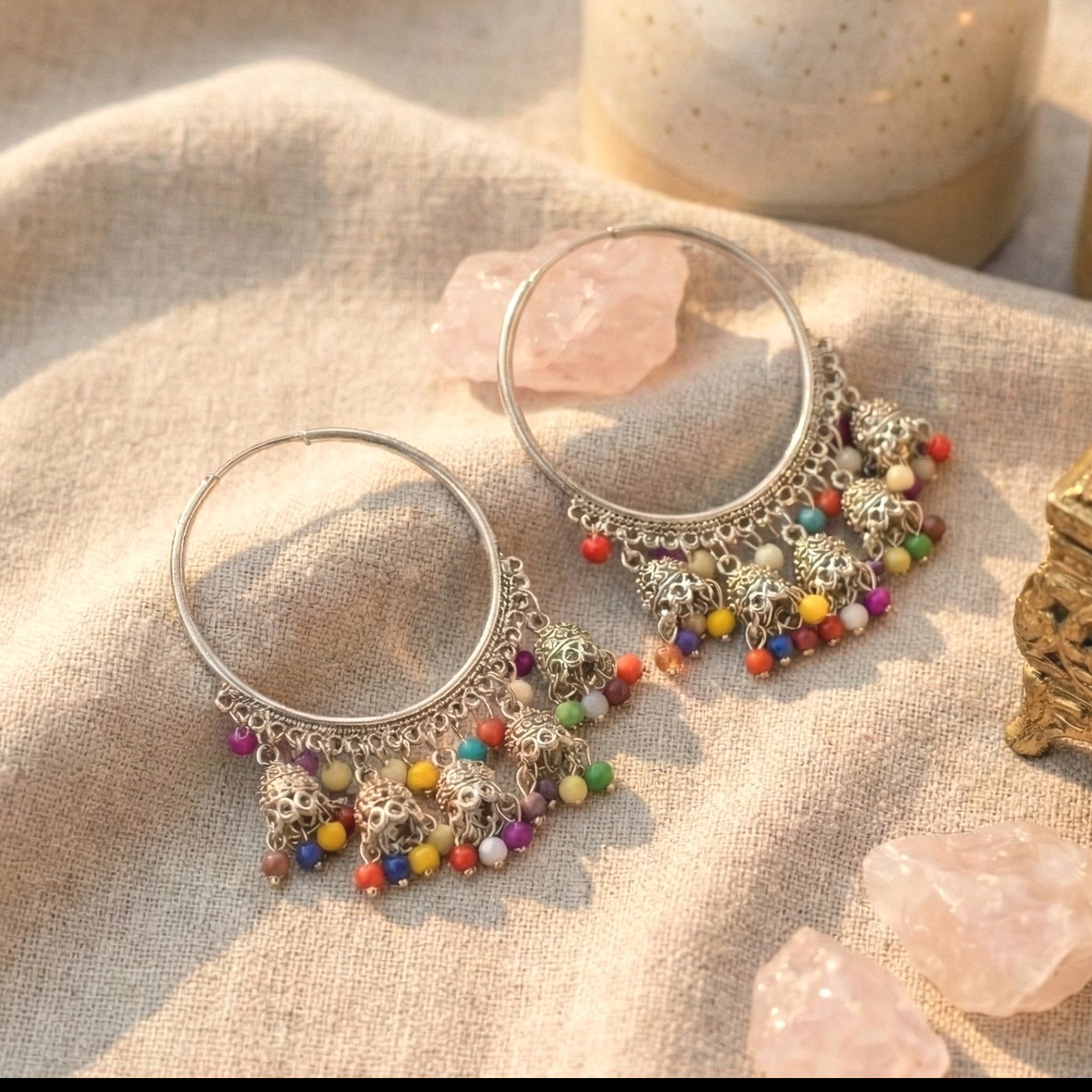 Boho-Chic Oxidized Silver Hoop Jhumka Earrings with Colorful Beads - Image 3