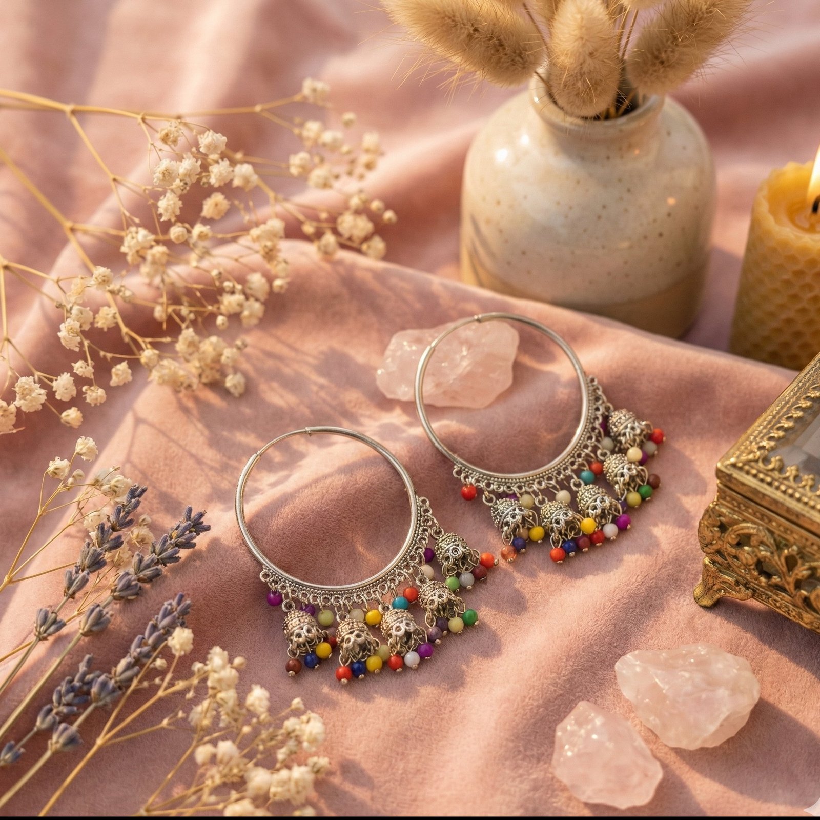 Boho-Chic Oxidized Silver Hoop Jhumka Earrings with Colorful Beads - Image 2