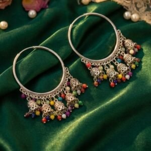 Boho-Chic Oxidized Silver Hoop Jhumka Earrings with Colorful Beads