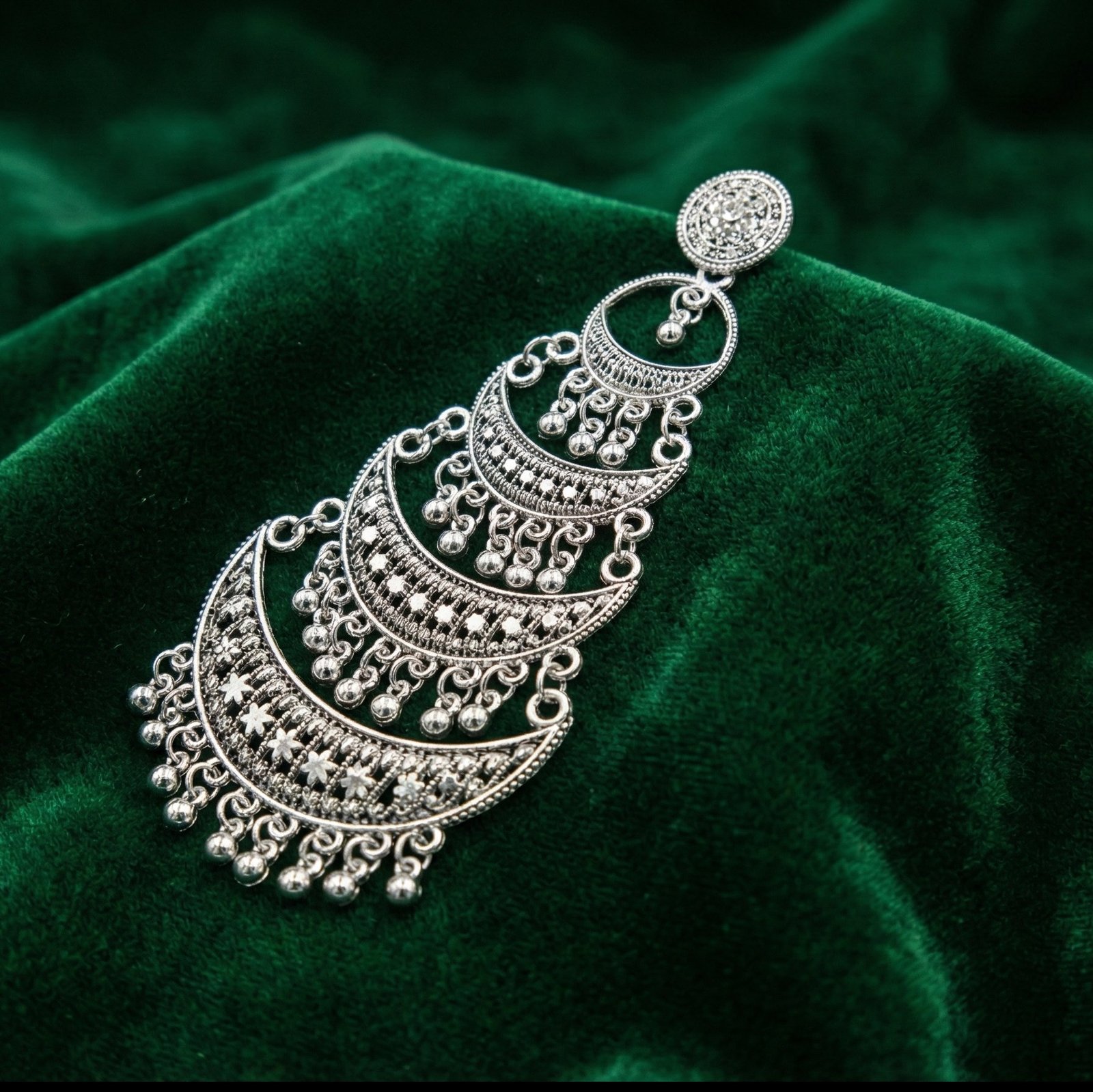 Royal Layered Oxidized Silver Chandbali Dangler Earrings - Image 5