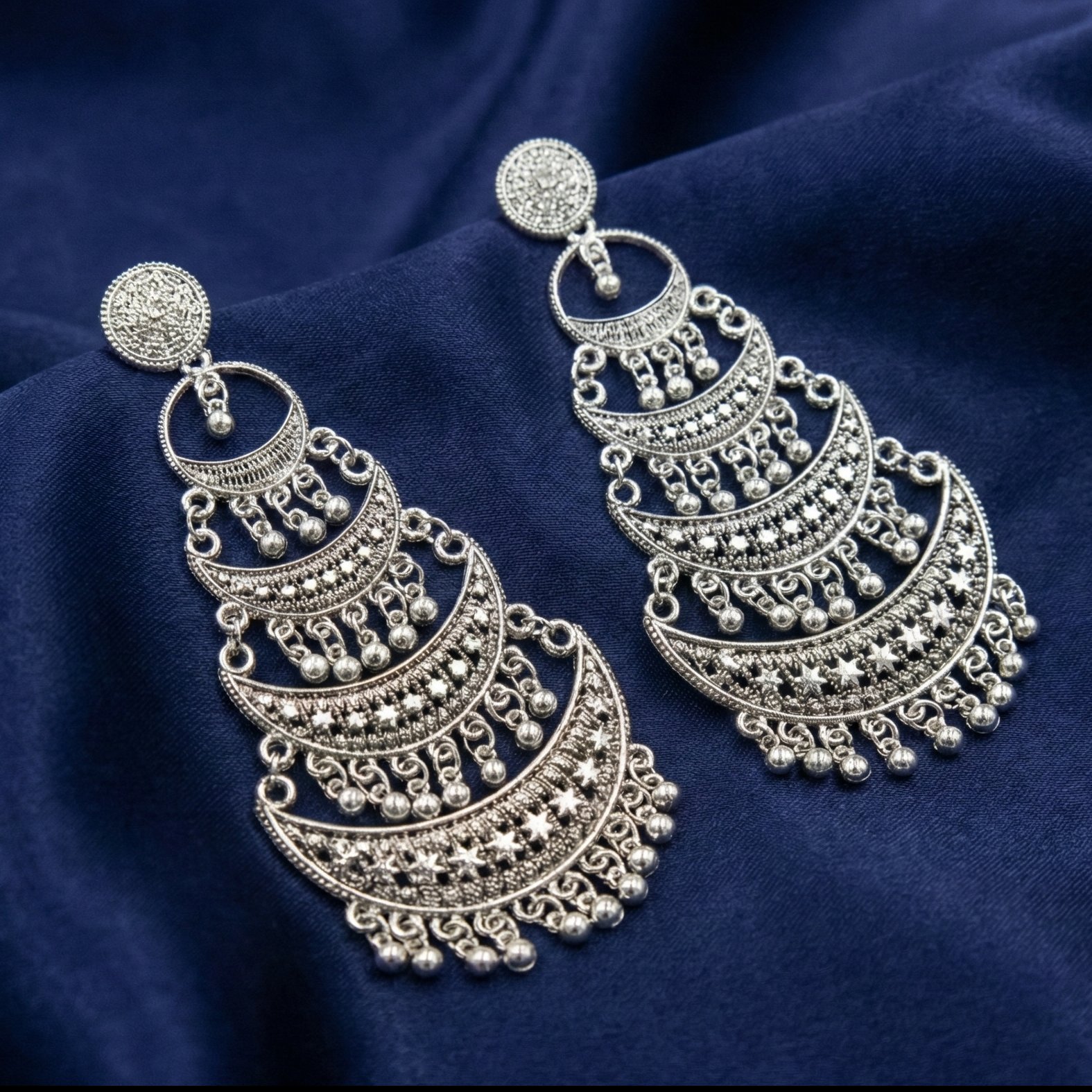 Royal Layered Oxidized Silver Chandbali Dangler Earrings - Image 2