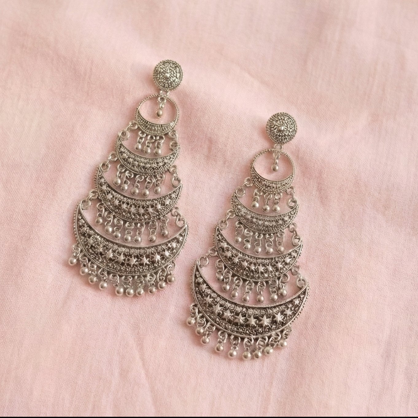 Royal Layered Oxidized Silver Chandbali Dangler Earrings - Image 4