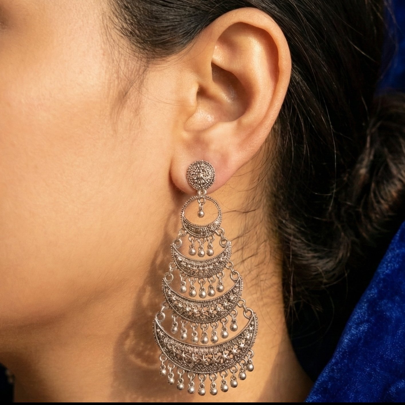 Royal Layered Oxidized Silver Chandbali Dangler Earrings - Image 3