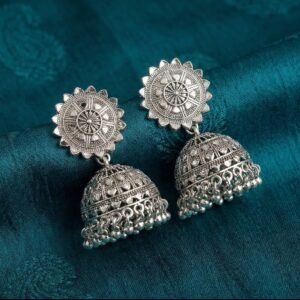 Radiant Sunburst Oxidized Silver Jhumka Earrings