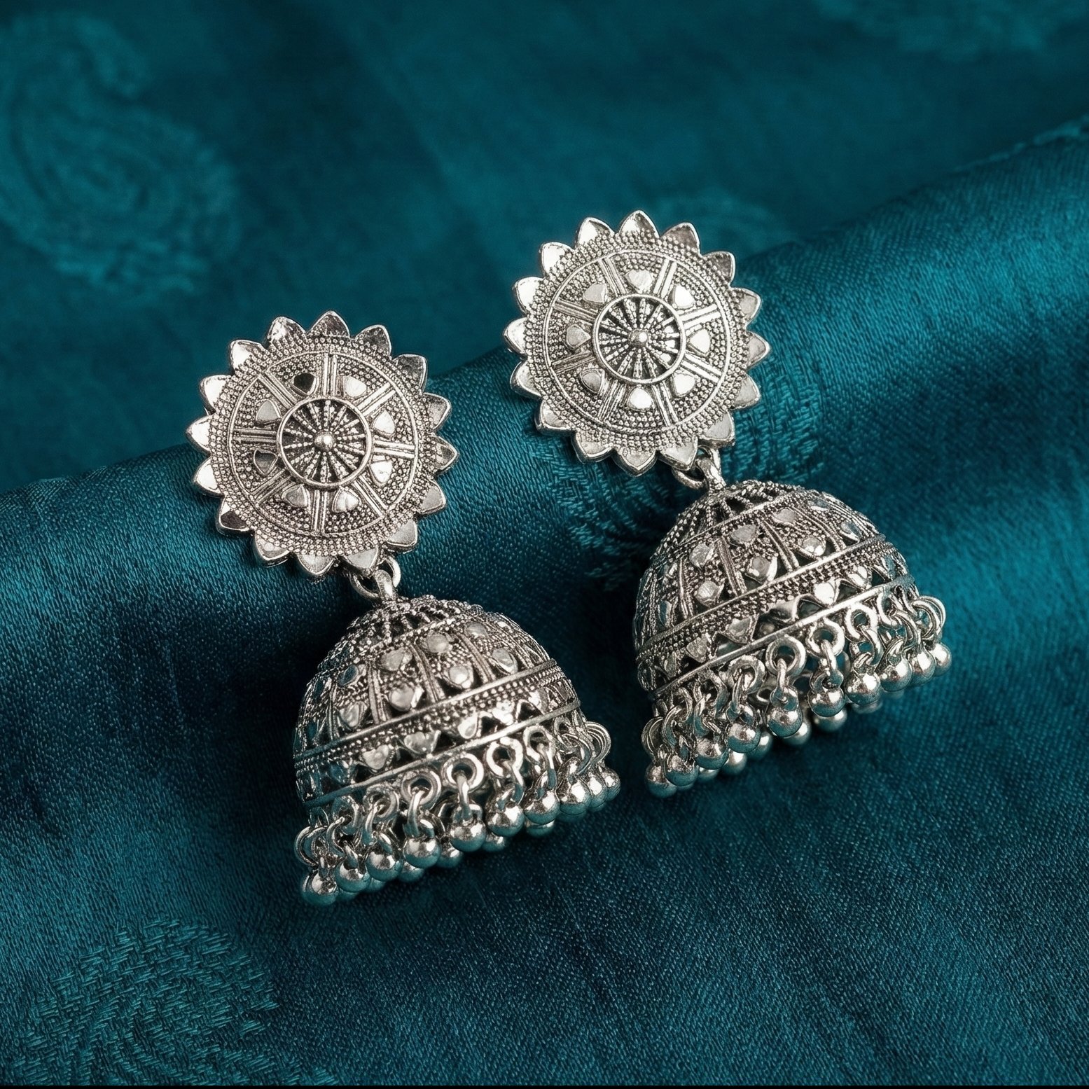 Radiant Sunburst Oxidized Silver Jhumka Earrings