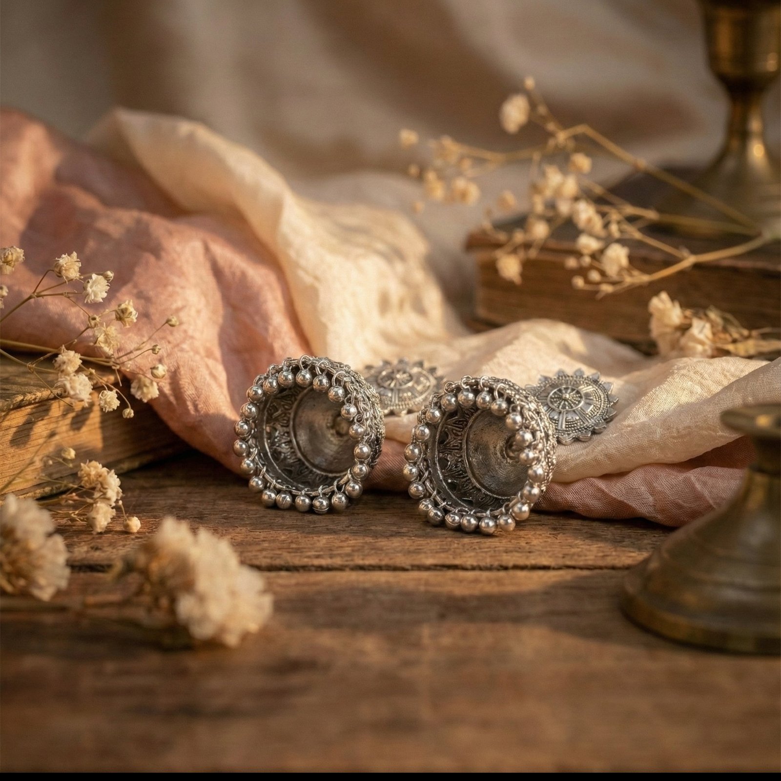 Radiant Sunburst Oxidized Silver Jhumka Earrings - Image 5