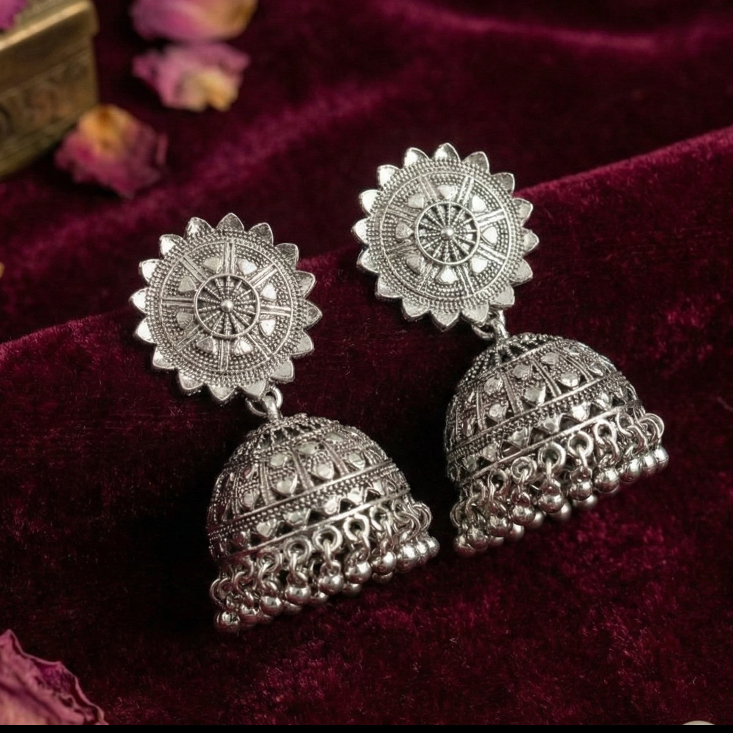 Radiant Sunburst Oxidized Silver Jhumka Earrings - Image 4