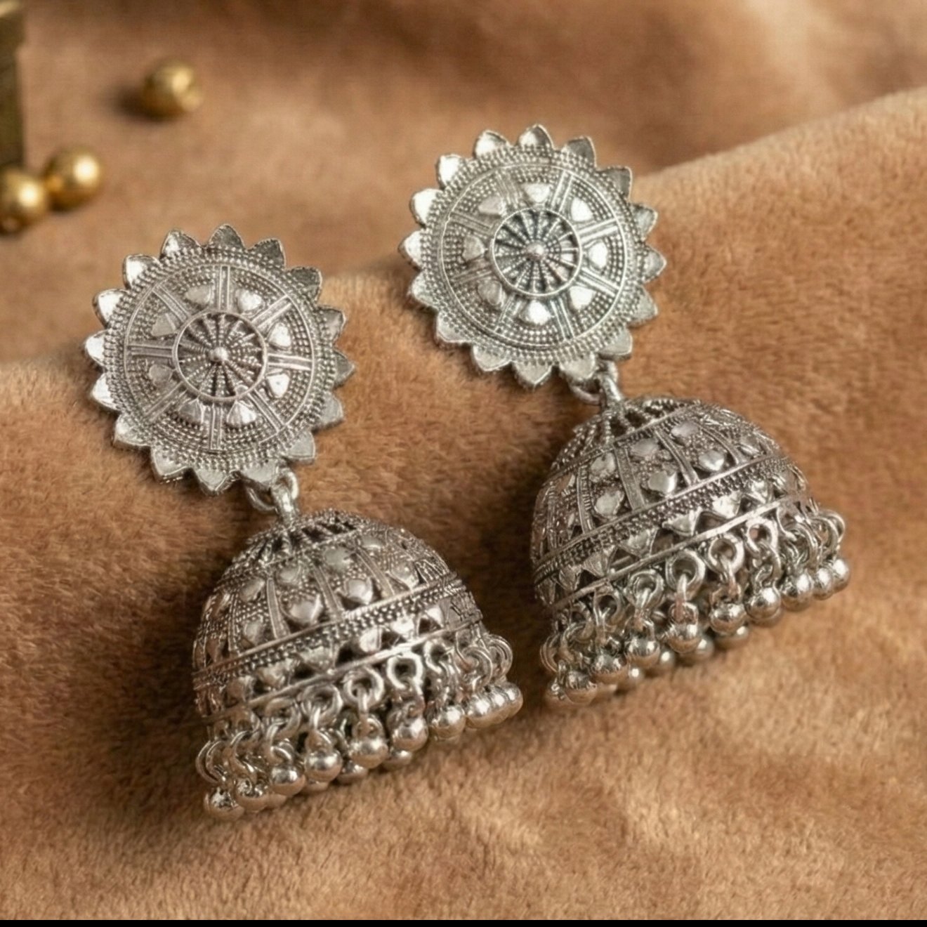 Radiant Sunburst Oxidized Silver Jhumka Earrings - Image 3