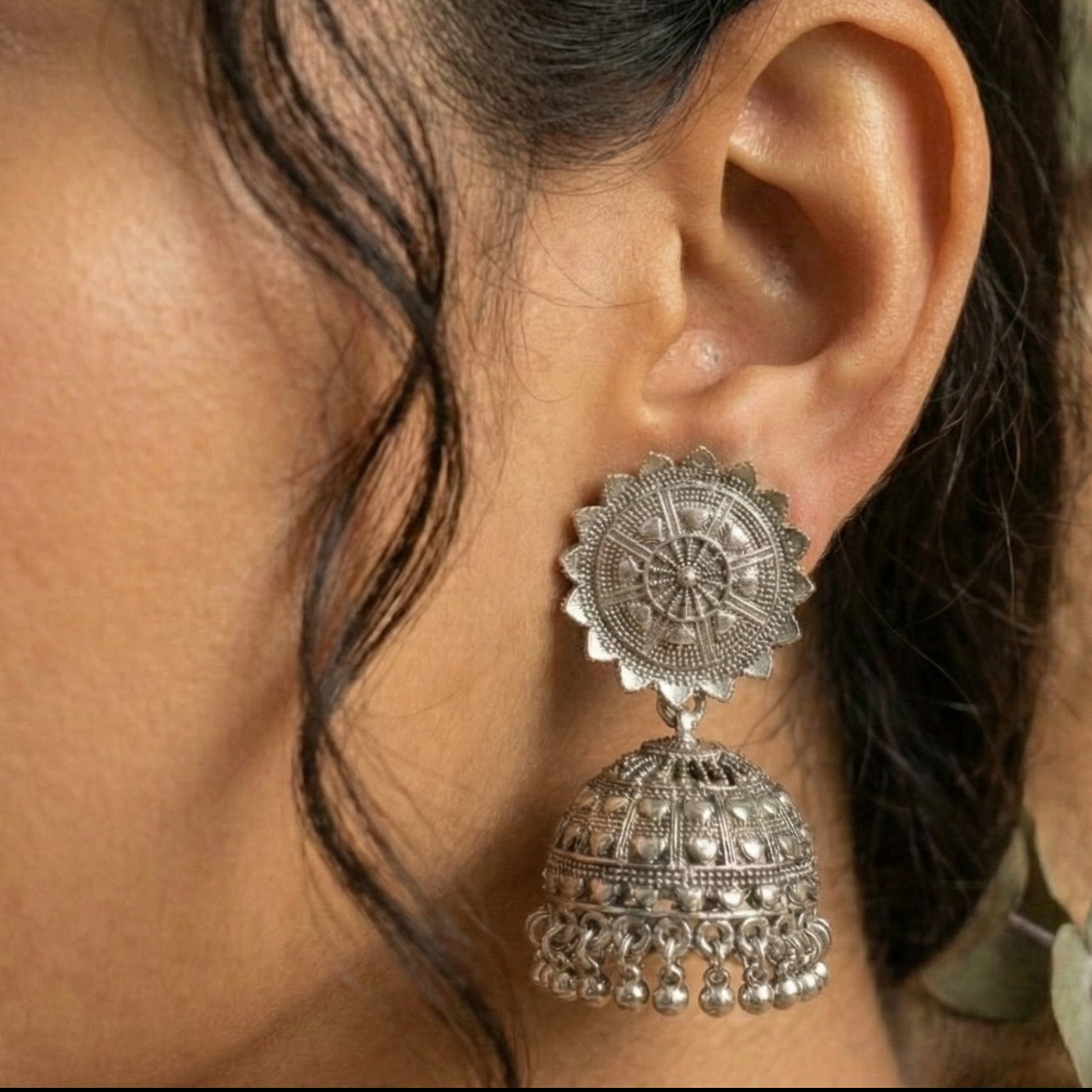 Radiant Sunburst Oxidized Silver Jhumka Earrings - Image 2