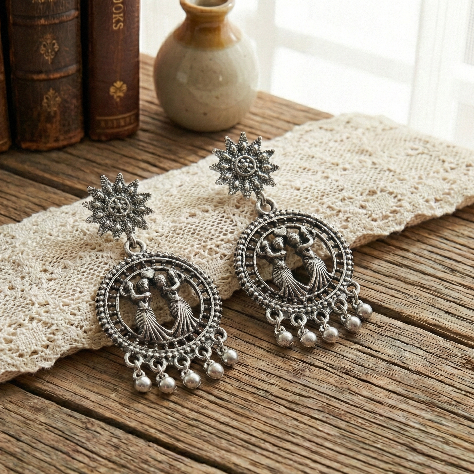 Oxidized Silver Folk Dance Motif Hoop Earrings with Floral Studs - Image 2