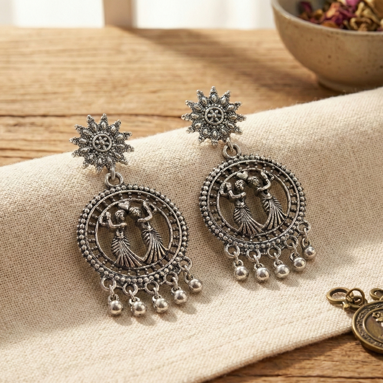 Oxidized Silver Folk Dance Motif Hoop Earrings with Floral Studs