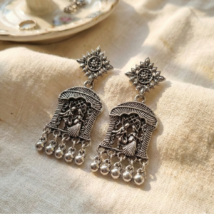 Oxidized Silver Radha Krishna Temple Jewelry Earrings with Ghungroo Drops