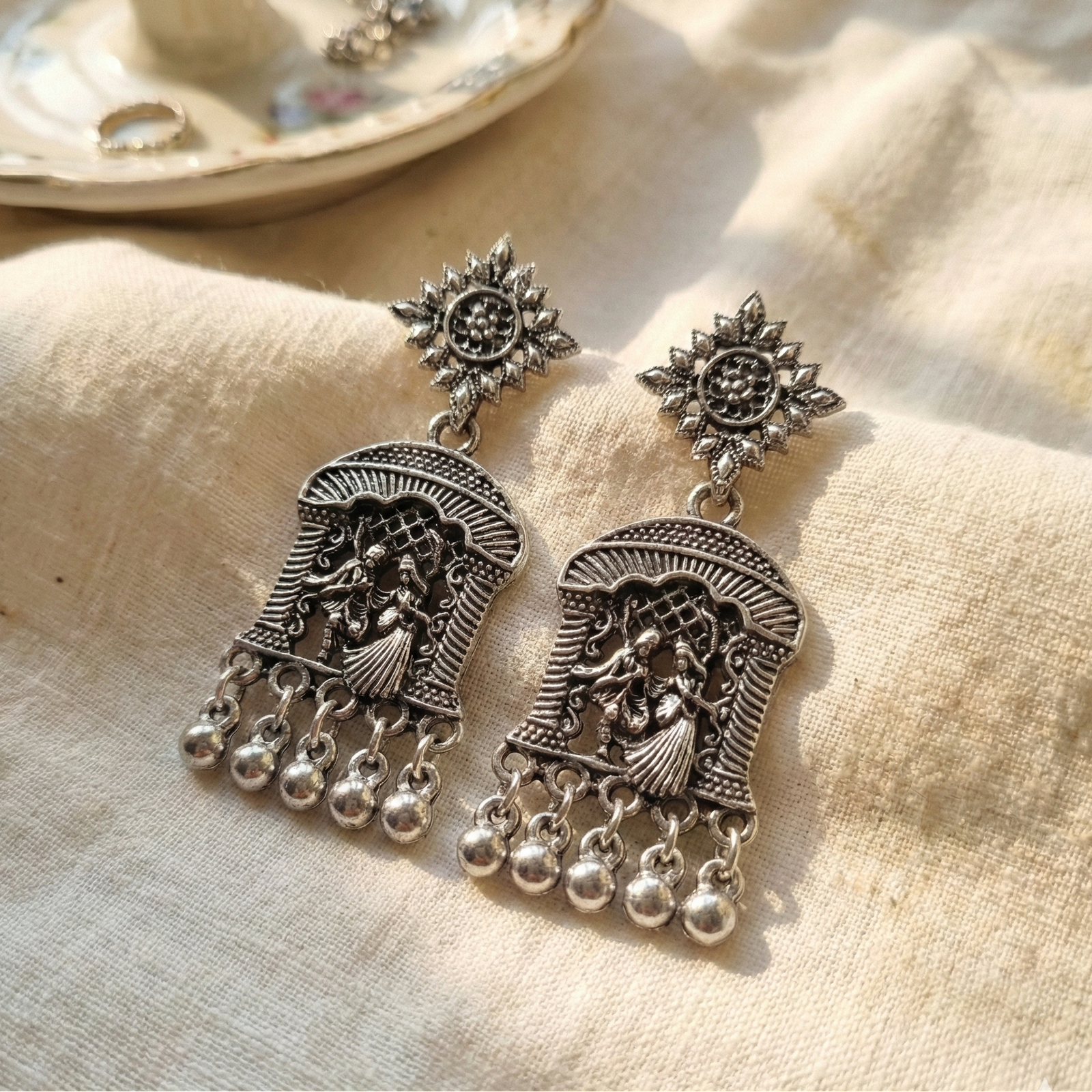 Oxidized Silver Radha Krishna Temple Jewelry Earrings with Ghungroo Drops