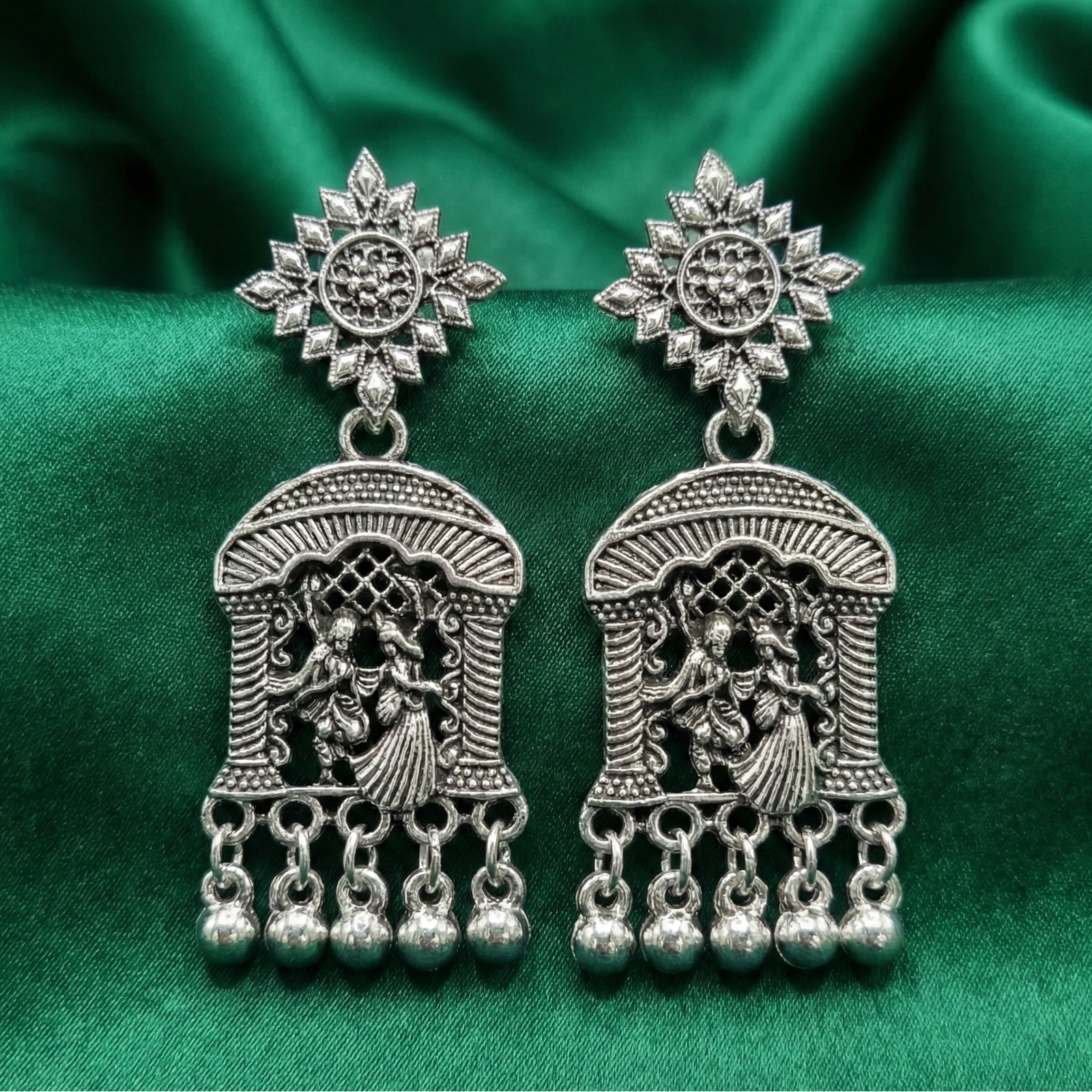 Oxidized Silver Radha Krishna Temple Jewelry Earrings with Ghungroo Drops - Image 2