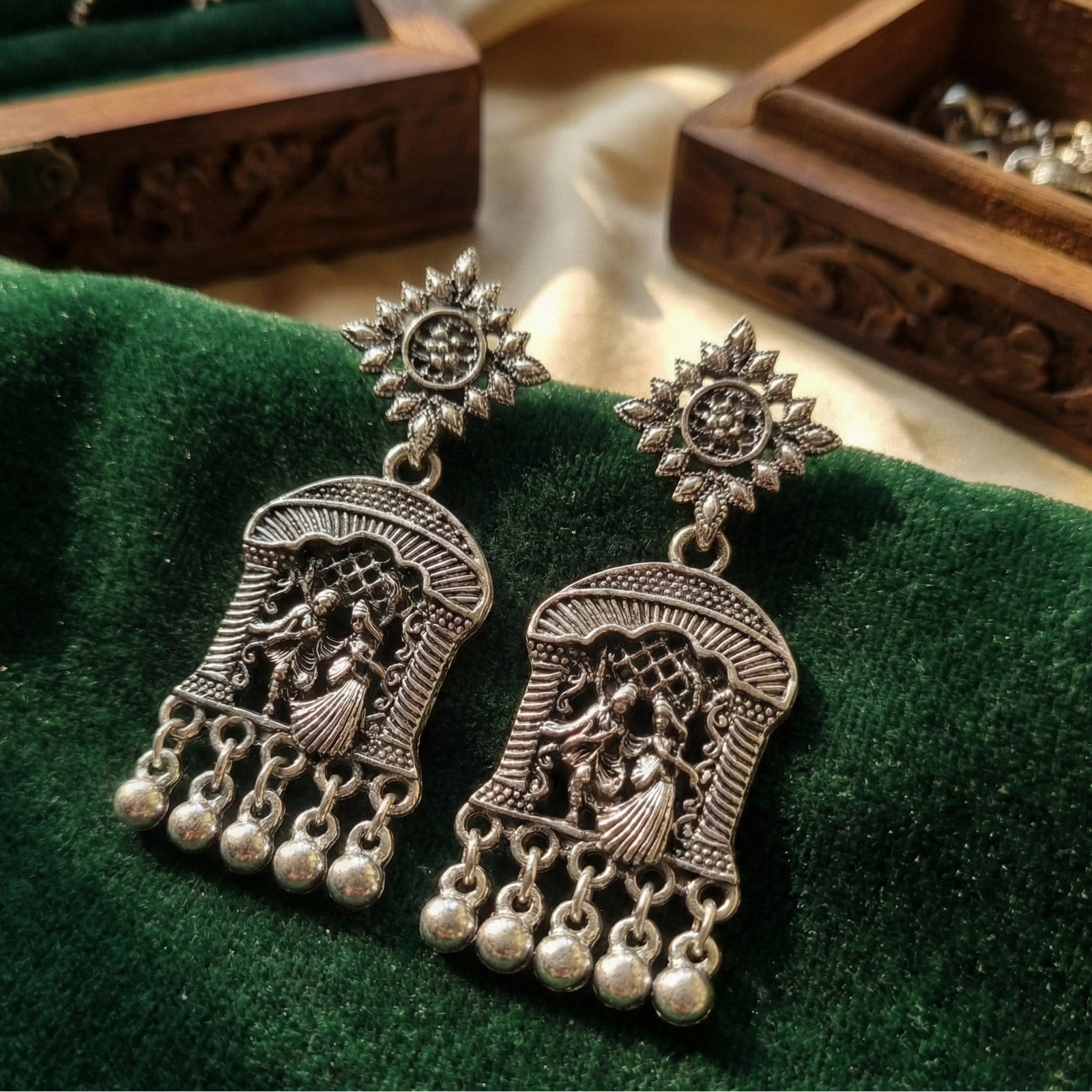 Oxidized Silver Radha Krishna Temple Jewelry Earrings with Ghungroo Drops - Image 3