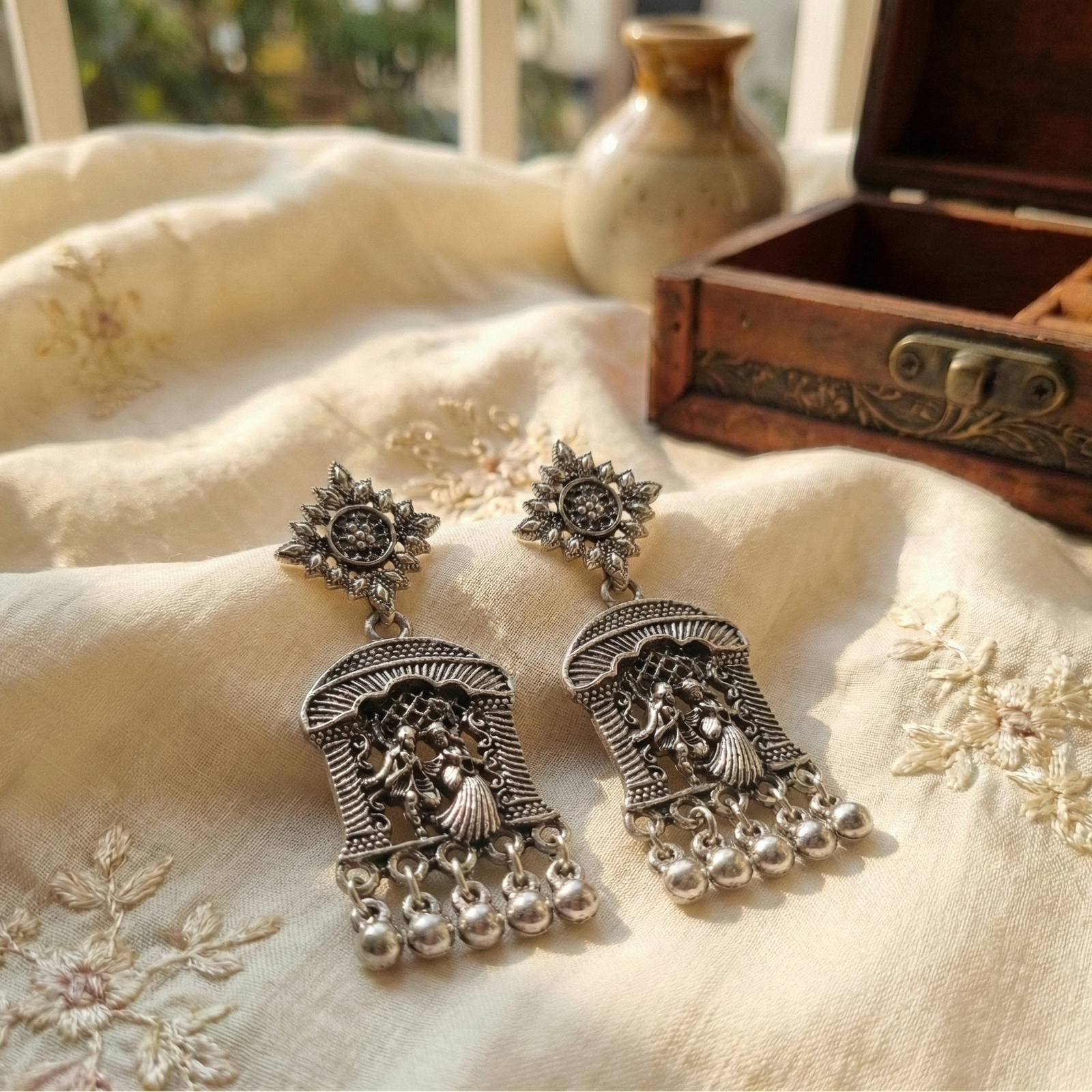 Oxidized Silver Radha Krishna Temple Jewelry Earrings with Ghungroo Drops - Image 4
