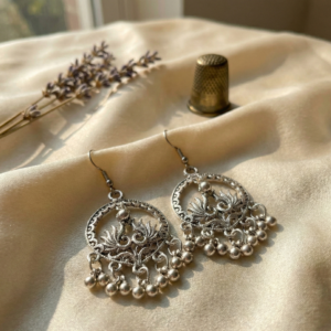 Oxidized Silver Peacock Motif Hoop Earrings with Ghungroo Charms