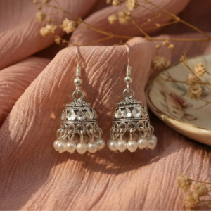 Trinket Queen Ethnic Oxidized Finish Jhumkas with Pearl Drops