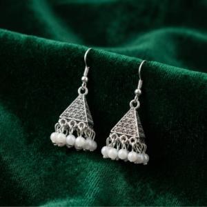 Geometric Pyramid Jhumkas with White Beads