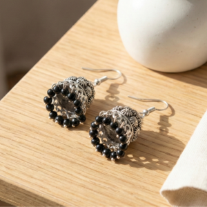 Trinket Queen Oxidized Floral Dome Jhumkas with Black Beads