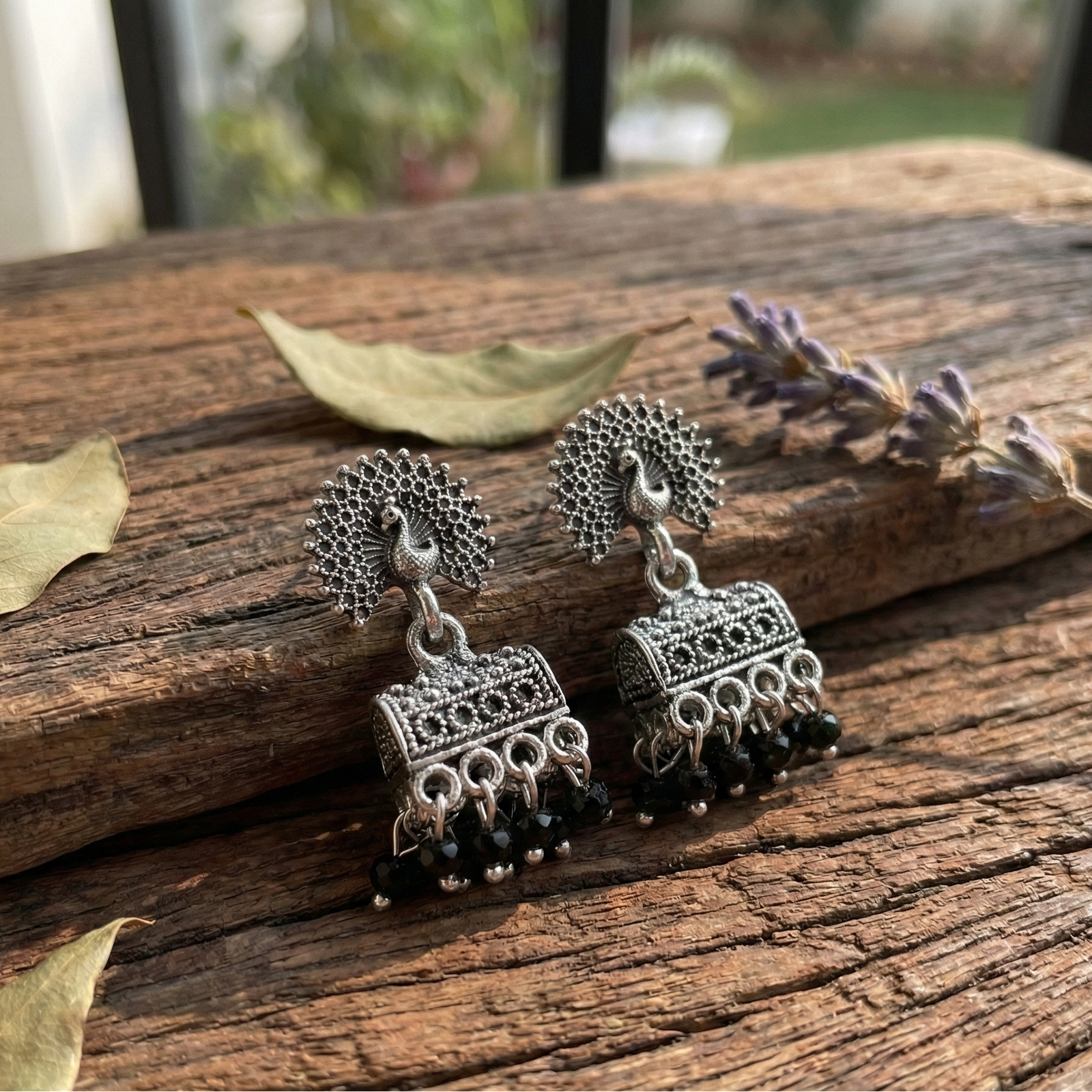 Oxidized Peacock Jhumka Earrings - Image 2