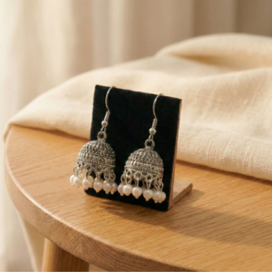 Traditional Oxidized Jhumkas with Pearl Accents