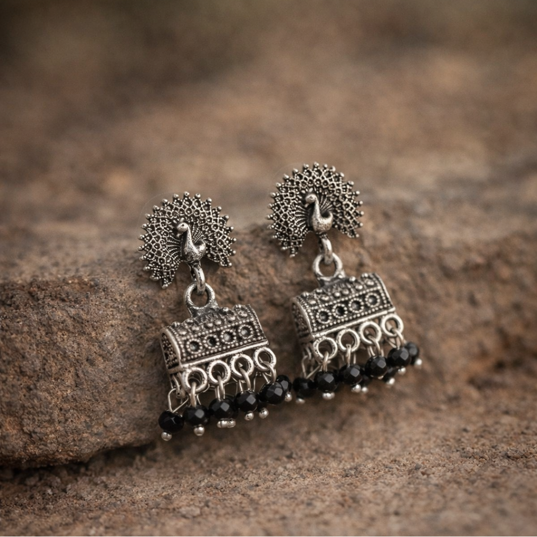 Oxidized Peacock Jhumka Earrings - Image 3