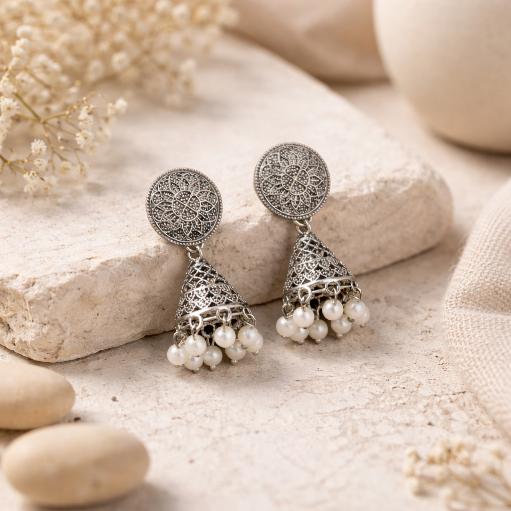 Ethnic Antique Earrings with Pearl Clusters - Image 2
