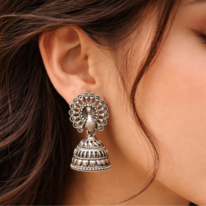Antique Finish Silver Peacock Stud Earrings with Jhumka Drop