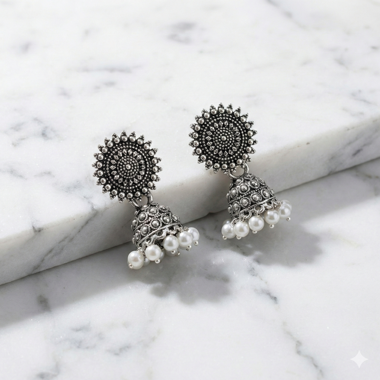 Antique Finish Mandala Jhumki Earrings with Pearls - Image 3