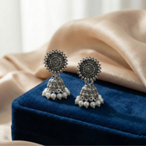 Antique Finish Mandala Jhumki Earrings with Pearls