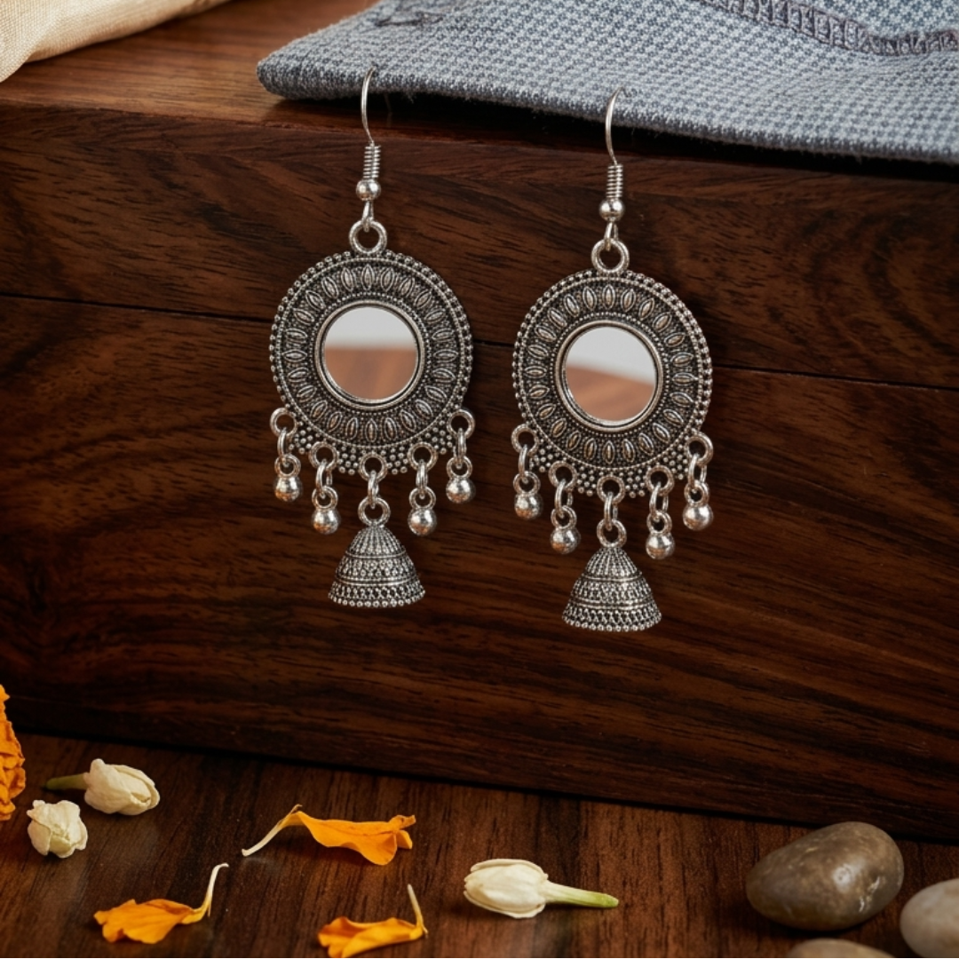Antique Silver oxidised Mirror-Work Jhumka - Image 4