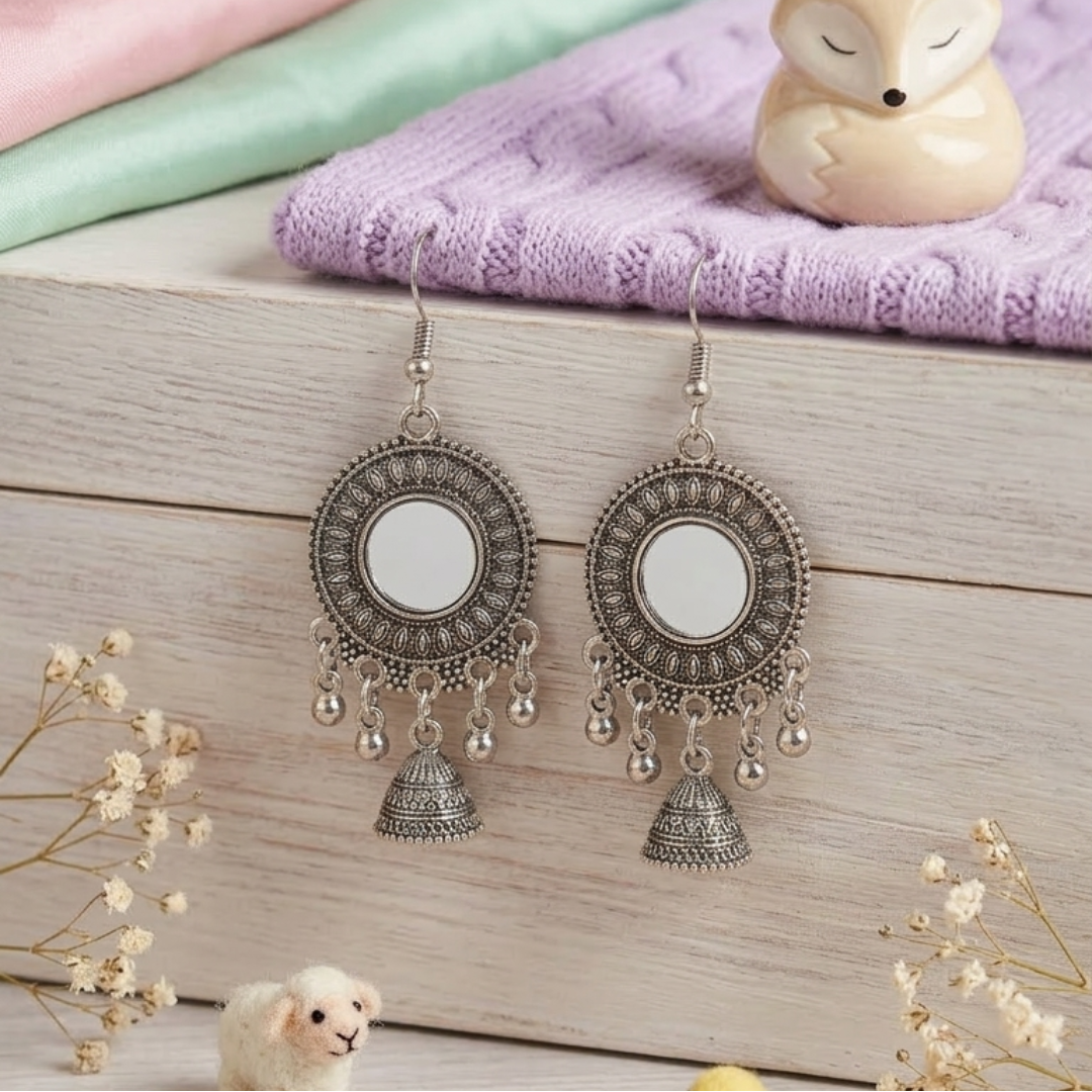 Antique Silver oxidised Mirror-Work Jhumka