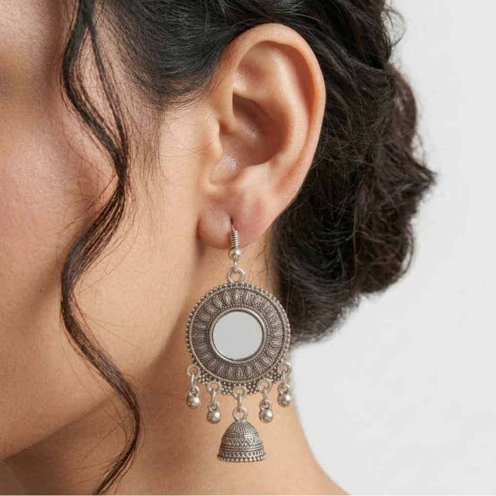 Antique Silver oxidised Mirror-Work Jhumka - Image 3