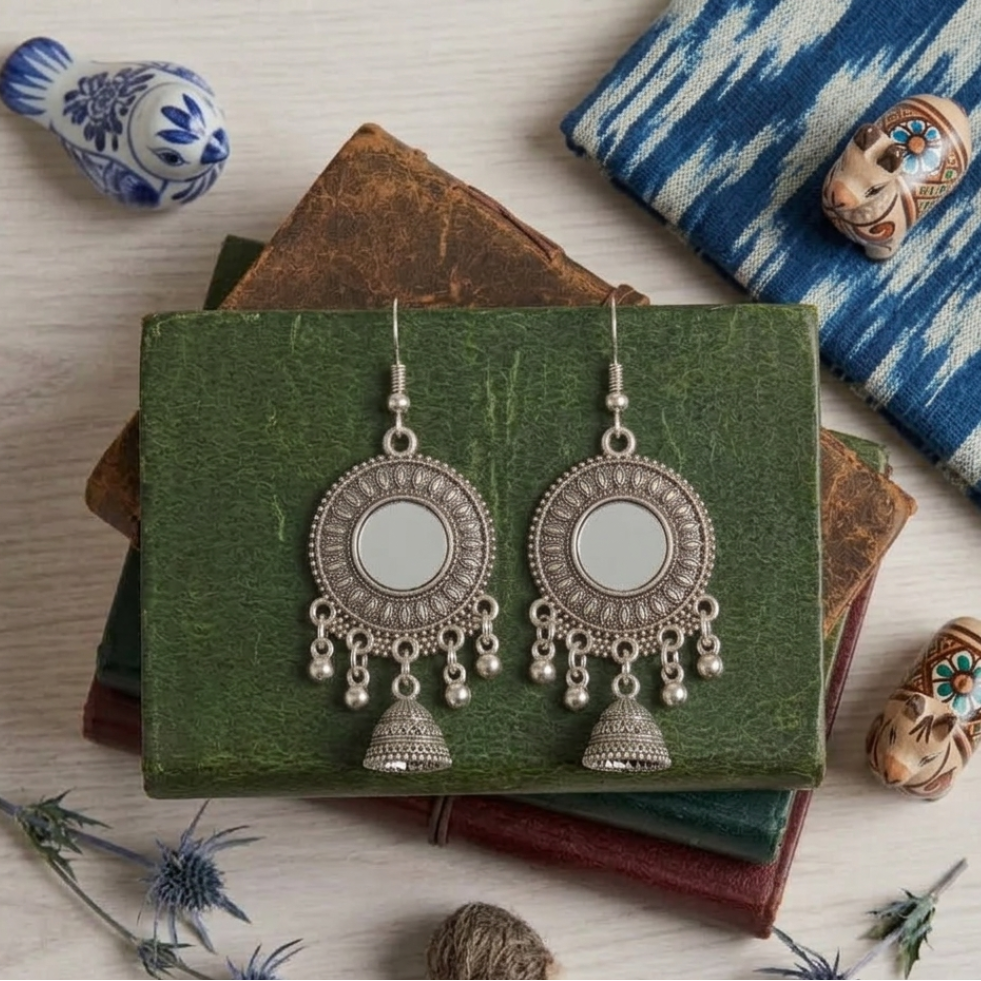Antique Silver oxidised Mirror-Work Jhumka - Image 2