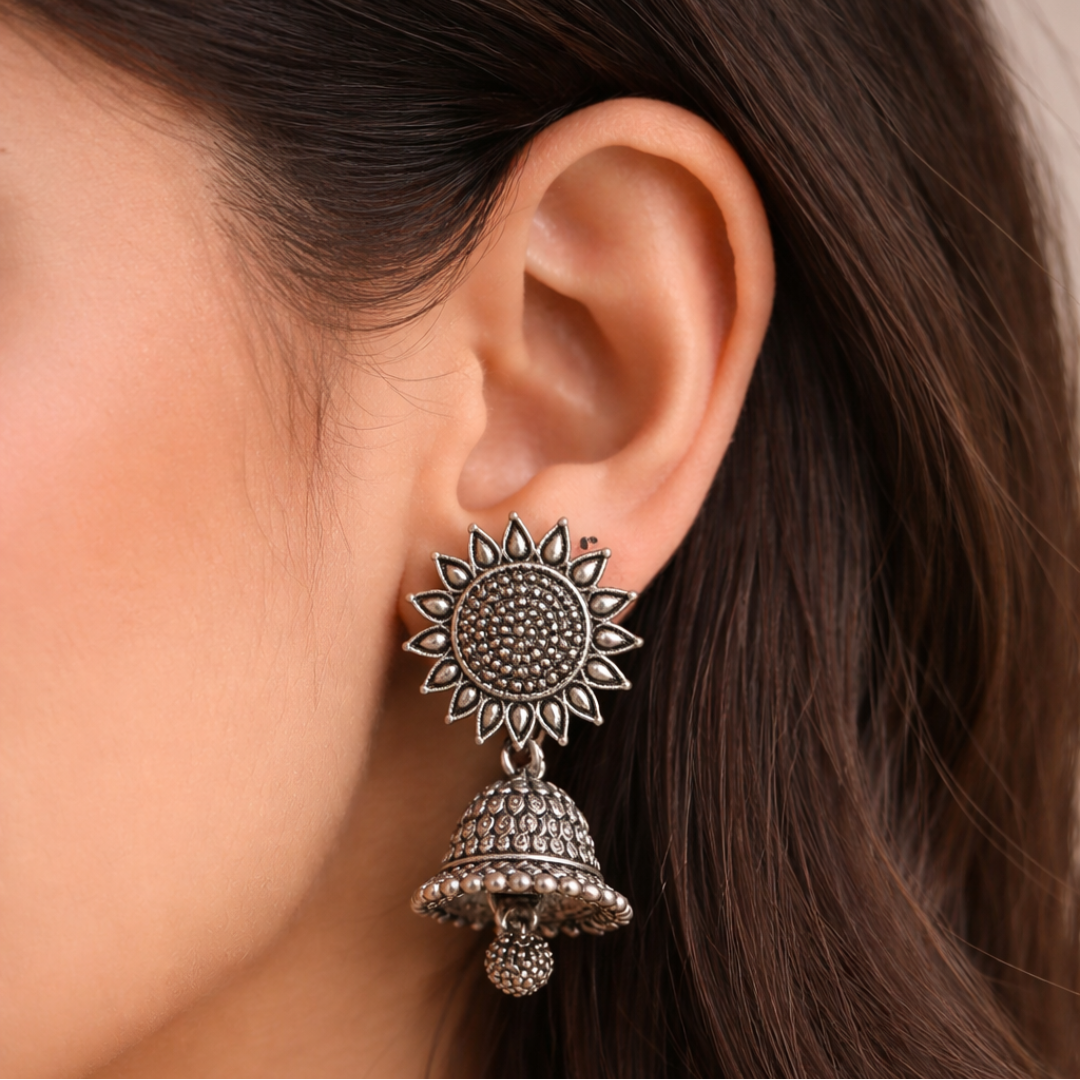 Sunflower Oxidised Silver Jhumka Earrings - Image 2