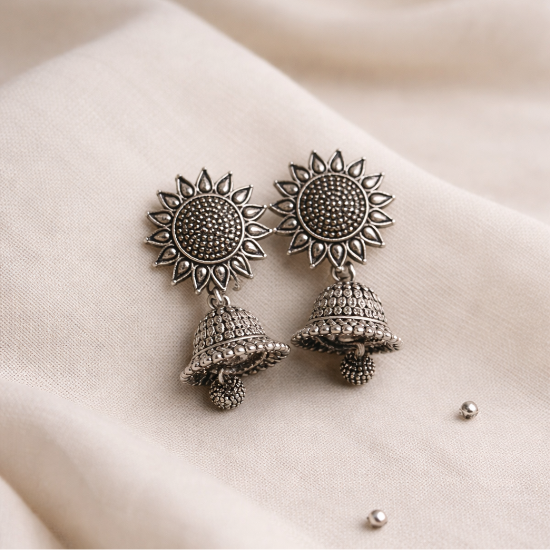 Sunflower Oxidised Silver Jhumka Earrings - Image 3