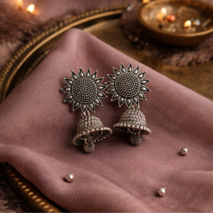 Sunflower Oxidised Silver Jhumka Earrings