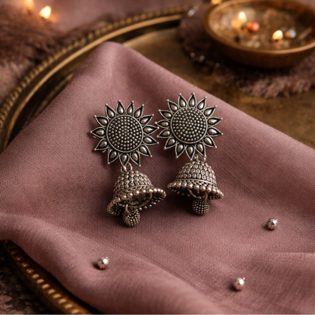 Sunflower Oxidised Silver Jhumka Earrings