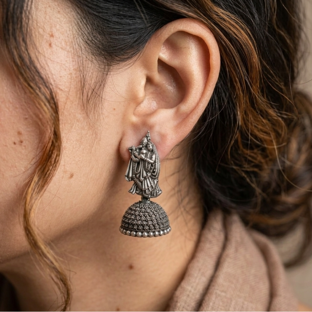 Radha Krishna Oxidised Silver Jhumka Earrings - Image 2